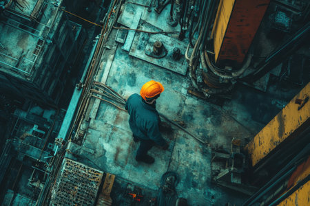Worker in hard hat examines machinery and equipment at a construction site during early morning light.の写真素材