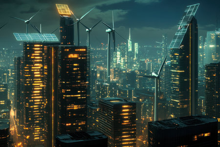 Urban landscape features tall buildings illuminated at night, showing wind turbines and solar panels.の写真素材