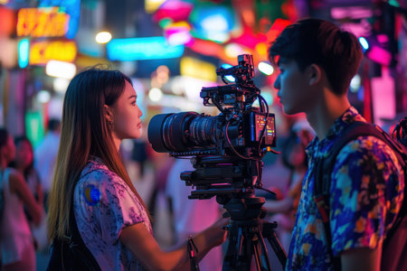 Two young filmmakers use professional cameras to document the bustling atmosphere of a night market.の写真素材