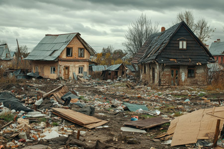 Two rundown houses sit amid an overgrown area littered with debris and discarded materials.の写真素材