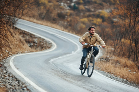 A man rides a bicycle on a curvy road surrounded by colorful autumn foliage on a cool day.の写真素材