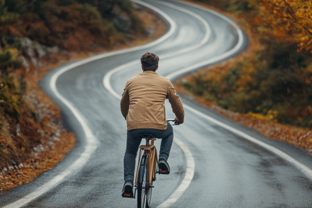 A cyclist rides along a curving road surrounded by fall foliage, enjoying the peaceful countryside.の写真素材