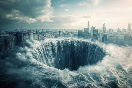 A daunting vortex opens in the center of a bustling city, drawing in surrounding water and debris.の写真素材