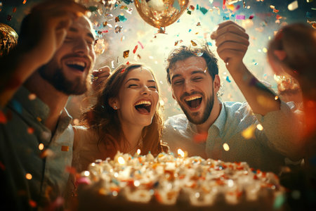 Group of friends enjoying a lively celebration filled with laughter, confetti, and a delicious cake.の写真素材