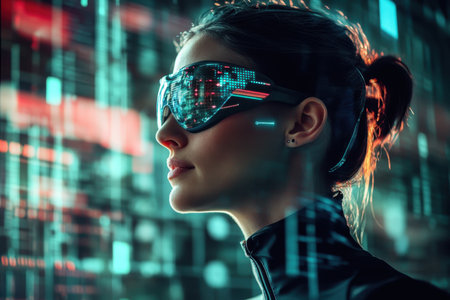 A woman gazes intently while wearing advanced digital glasses in an illuminated urban landscape.の写真素材