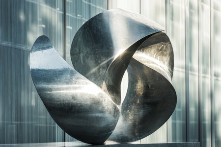 Curved metal sculpture shines brightly as sunlight reflects off its surface in a city landscape.の写真素材