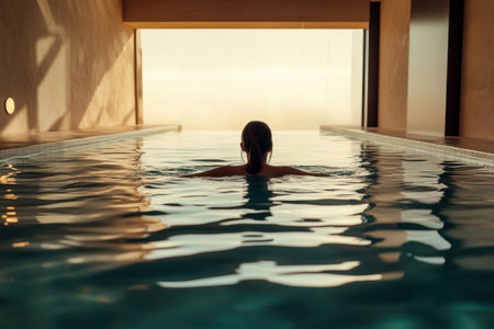 A person enjoys a tranquil swim in a serene indoor pool as the sun sets through large windows.の写真素材