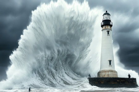 A powerful wave collides with a coastal lighthouse, showing nature's might during a storm.の写真素材