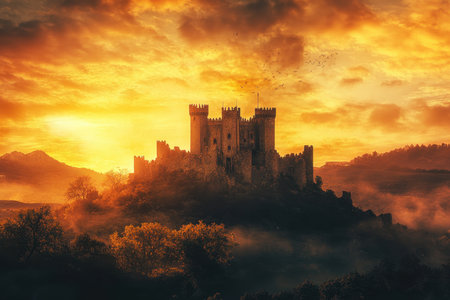 A stunning castle stands atop a hill, illuminated by a golden sunset and surrounded by misty valleys.の写真素材