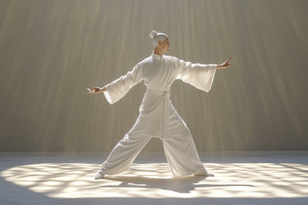 A martial artist in a white robe demonstrates elegant poses, illuminated by soft light from above.の写真素材