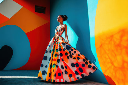 A model stands gracefully in a multicolored dress, styled against a vivid mural in an artistic location during daylight.の写真素材