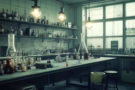 Bright light filters through the windows of a laboratory filled with various glassware and chemicals on the counters.の写真素材
