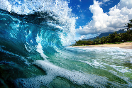 Bright blue ocean waves crash onto a serene sandy beach, inviting relaxation under a sunny sky.の写真素材