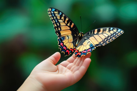 A colorful butterfly perches on a child's hand amidst vibrant greenery during a sunny day.の写真素材