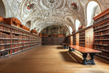An elegant library showcasing ornate architecture, filled with books on wooden shelves and a polished floor.の写真素材