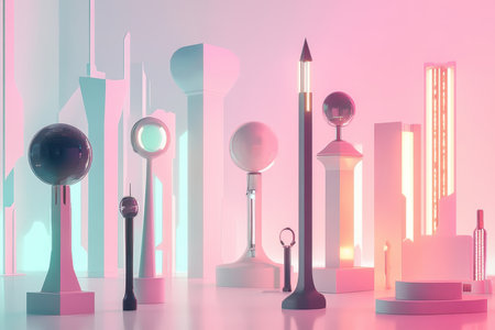 Abstract shapes and glowing structures create a captivating futuristic environment in soft pastel colors.の写真素材
