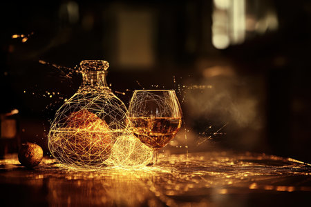Soft golden light highlights a glass and a decanter on a wooden surface, creating a warm, inviting atmosphere.の写真素材