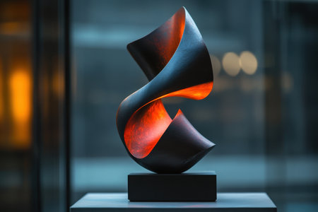 An abstract sculpture with smooth curves casting warm light in a stylish urban gallery setting.の写真素材
