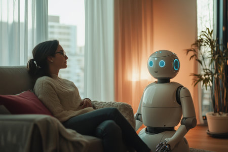 A woman in glasses sits on a sofa talking with a friendly robot in a cozy, well-lit living room.の写真素材