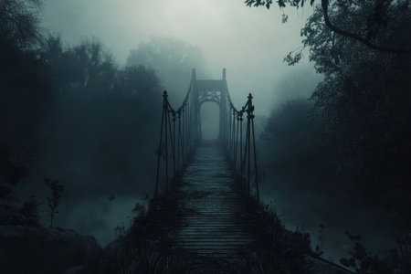 A wooden suspension bridge disappears into thick fog, surrounded by trees and stillness at dawn.の写真素材