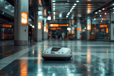 A robotic cleaner moves through a modern train station, surrounded by travelers and bright lights at night.の写真素材