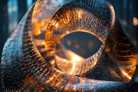 A beautiful glass sculpture spirals elegantly, capturing and reflecting light in a contemporary art space.の写真素材