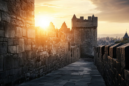 The golden sunlight illuminates the ancient stone walls of a castle, enhancing the serene cityscape at dusk.の写真素材