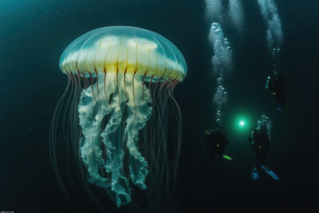 Divers observe a glowing jellyfish in dark waters while using their underwater lights to explore.の写真素材