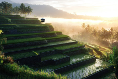 A drone surveys stunning terraced rice fields during sunrise, surrounded by palm trees and misty mountains.の写真素材