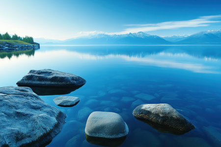 Calm waters reflect distant mountains and clear skies, with smooth stones emerging from tranquil lake surface.の写真素材