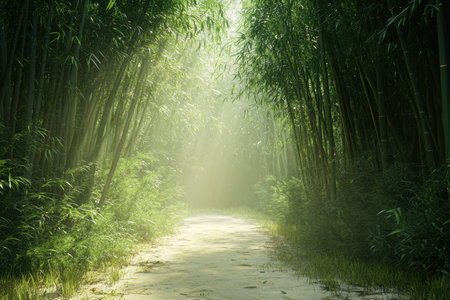 Soft sunlight filters through tall bamboo, creating a tranquil atmosphere along a serene pathway.の写真素材