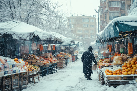 A person walks through a snow-covered market filled with stalls of fresh fruits and vegetables during winter.の写真素材