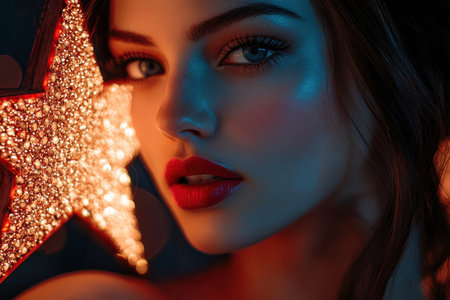 A close-up of a woman with striking features illuminated by a shimmering star decoration during nighttime.の写真素材