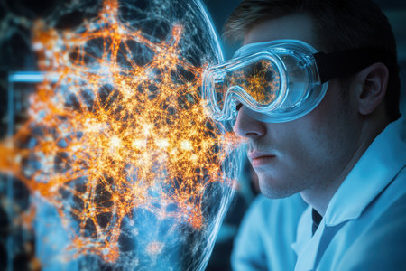 A researcher focuses on an intricate neural network display while wearing safety goggles in a lab environment.の写真素材