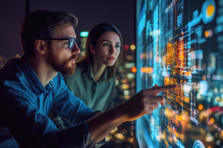 Two professionals engage with a large digital interface, analyzing data and sharing insights in a city setting.の写真素材