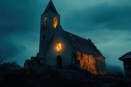 An ancient church stands in a foggy setting, its stained glass window glowing warmly against the dark sky.の写真素材