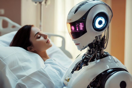A humanoid robot assists a woman lying in a hospital bed, showing advanced technology in patient care.の写真素材