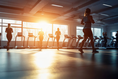 Several women are running on treadmills in a sunlit gym, enjoying their morning workout together.の写真素材