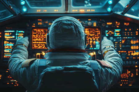 An astronaut in a space suit controls a spacecraft amid glowing screens, exploring deep space.の写真素材
