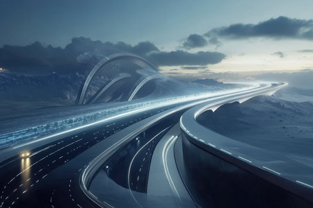 A striking highway glows under the twilight sky, surrounded by mountains and futuristic architecture.の写真素材