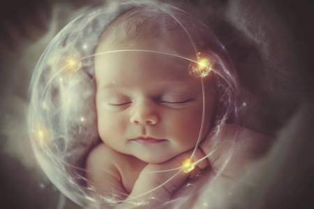 A serene baby lies asleep, surrounded by soft light and dreamy, celestial accents, creating a tranquil atmosphere.の写真素材