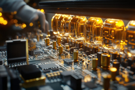 A technician works on intricate circuitry, focusing on components and connections in a high-tech environment.の写真素材