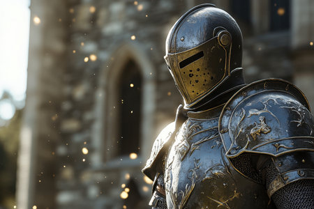 A knight clad in ornate armor poses majestically in front of a castle, illuminated by warm sunlight.の写真素材