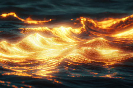 Golden waves roll gently into the ocean as the sun sets, creating a mesmerizing display of colors and light.の写真素材