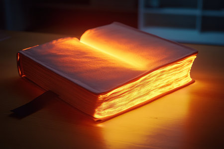 A book lies open on a wooden table, emitting a warm and inviting glow in a cozy indoor environment.の写真素材