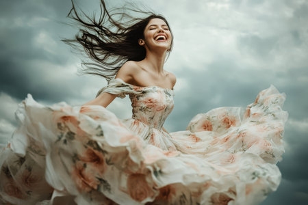 Woman spins joyfully in a flowing floral dress, her laughter echoing under a dramatic cloudy sky.の素材