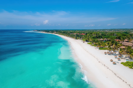Lush coastline with soft white sand and turquoise water under a clear blue sky, ideal for relaxation.の写真素材