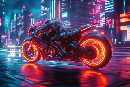 A rider navigates a futuristic motorcycle through a neon-lit urban landscape at night, showing vibrant lights.の写真素材