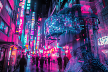 A person in a neon-lit city explores a digital realm using a virtual reality headset.の写真素材