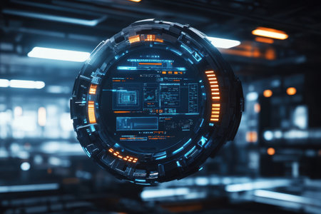 Advanced holographic display shows various data metrics in a sleek, modern setting at night.の写真素材